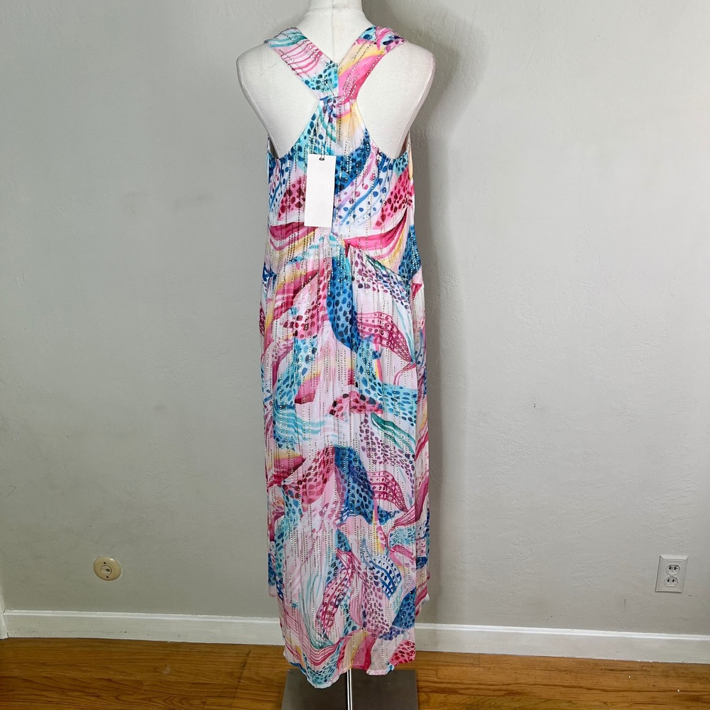 CIEBON Maxi Dress XS Colorful Abstract Metallic V-Neck Racerback Tropical NWT - Picture 4 of 9